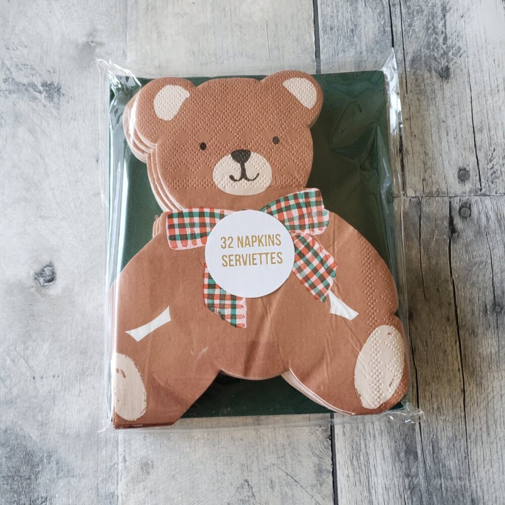 NWT - Meri Meri Teddy Bear With Plaid Bow Paper - 16 Plates and 32 Napkins - Picture 4 of 5